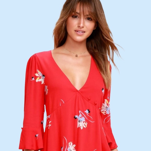 Free People Red V-neck Time On My Side Floral Print Wrap Dress - Picture 2 of 8